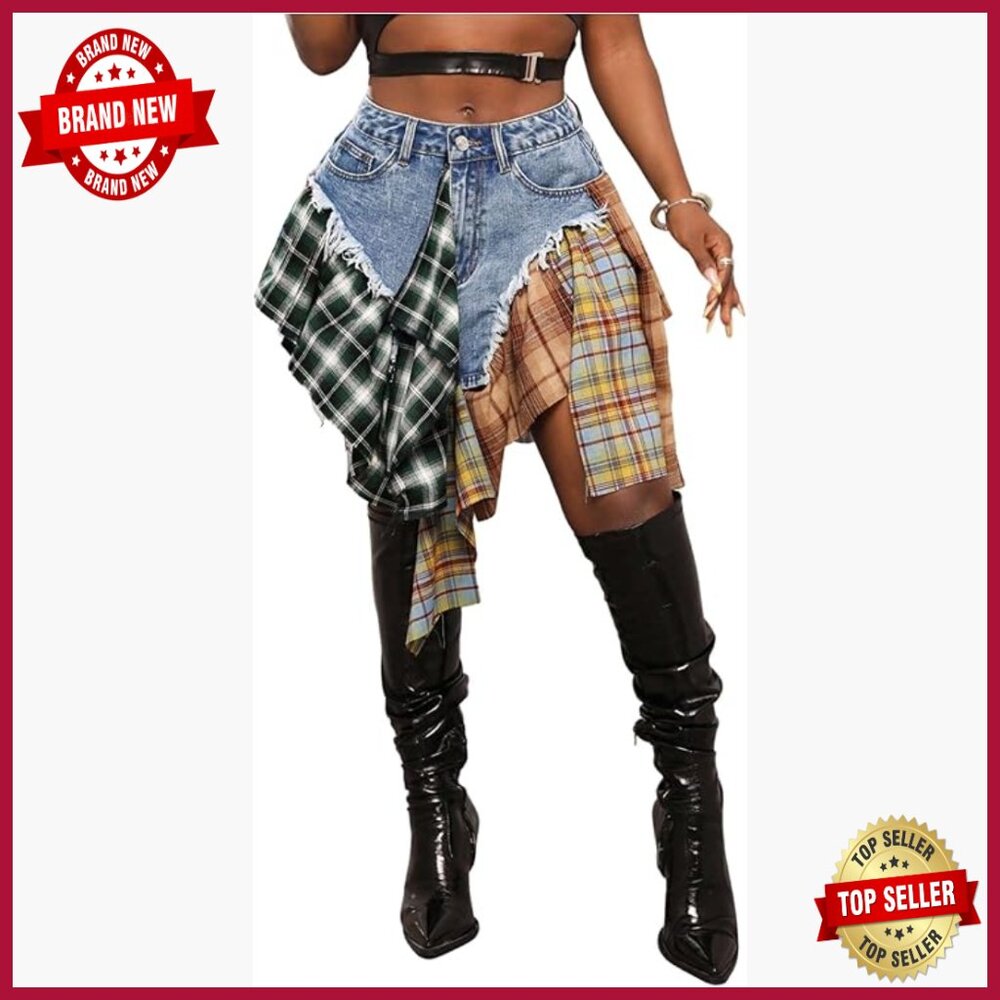 Women's Y2k Plaid Jean Skirt Asymmetrical Ruffle Hem Denim Short Skirt
